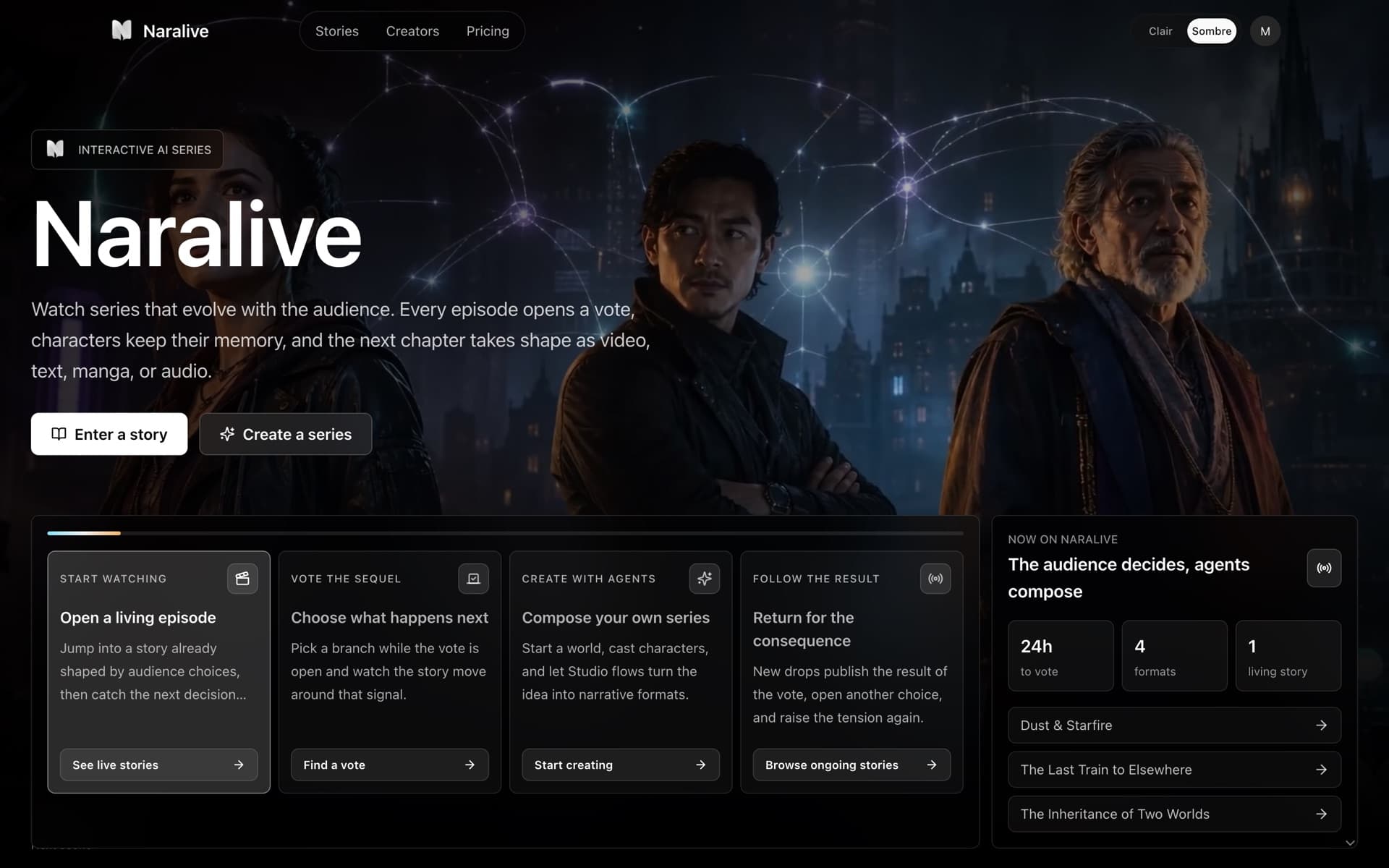 Real capture of naralive.com: the platform's home page, a live vote and published series.