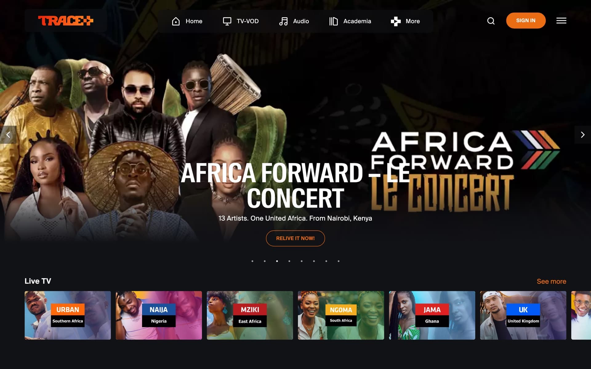 Real capture of trace.plus: the platform's home page, live channels and the Africa Forward concert featured.